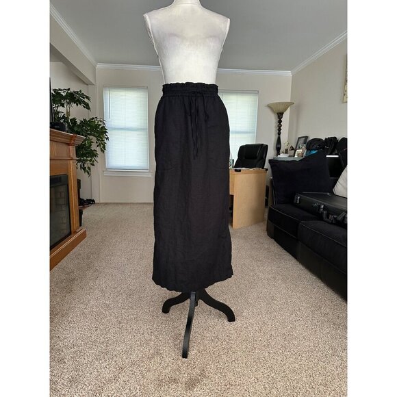 Black Elastic Waist Midi Skirt With Drawstring  & Back Slit - Picture 1 of 14